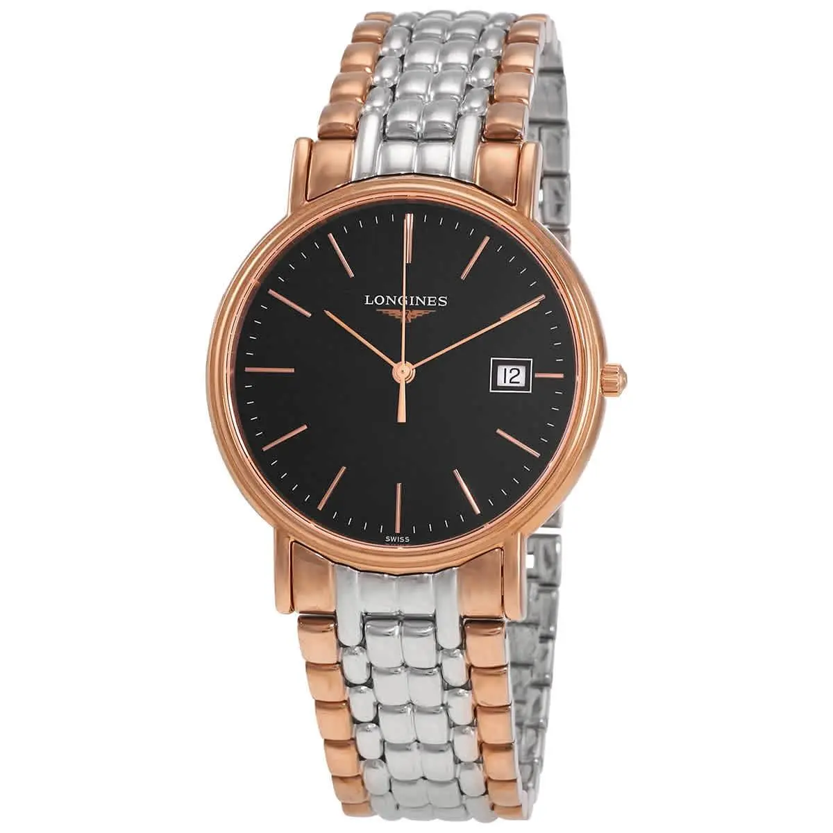 Longines Presence Quartz Black Dial Men`s Watch L47901597 - Dial: Black, Band: Two-tone (Silver-tone and Rose Gold-tone), Bezel: Rose Gold-tone