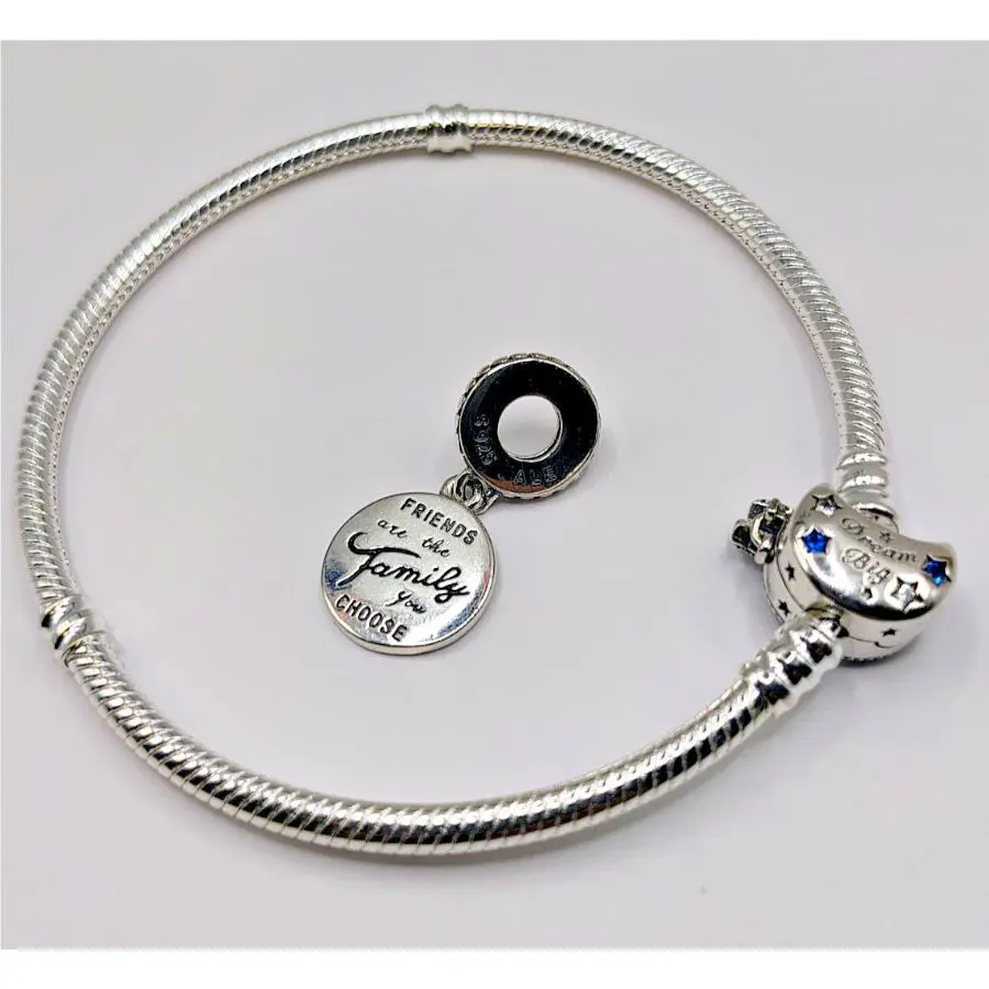 Pandora Sparkling Moon Clasp Snake Chain Silver Bracelet Charm W/box + Bag