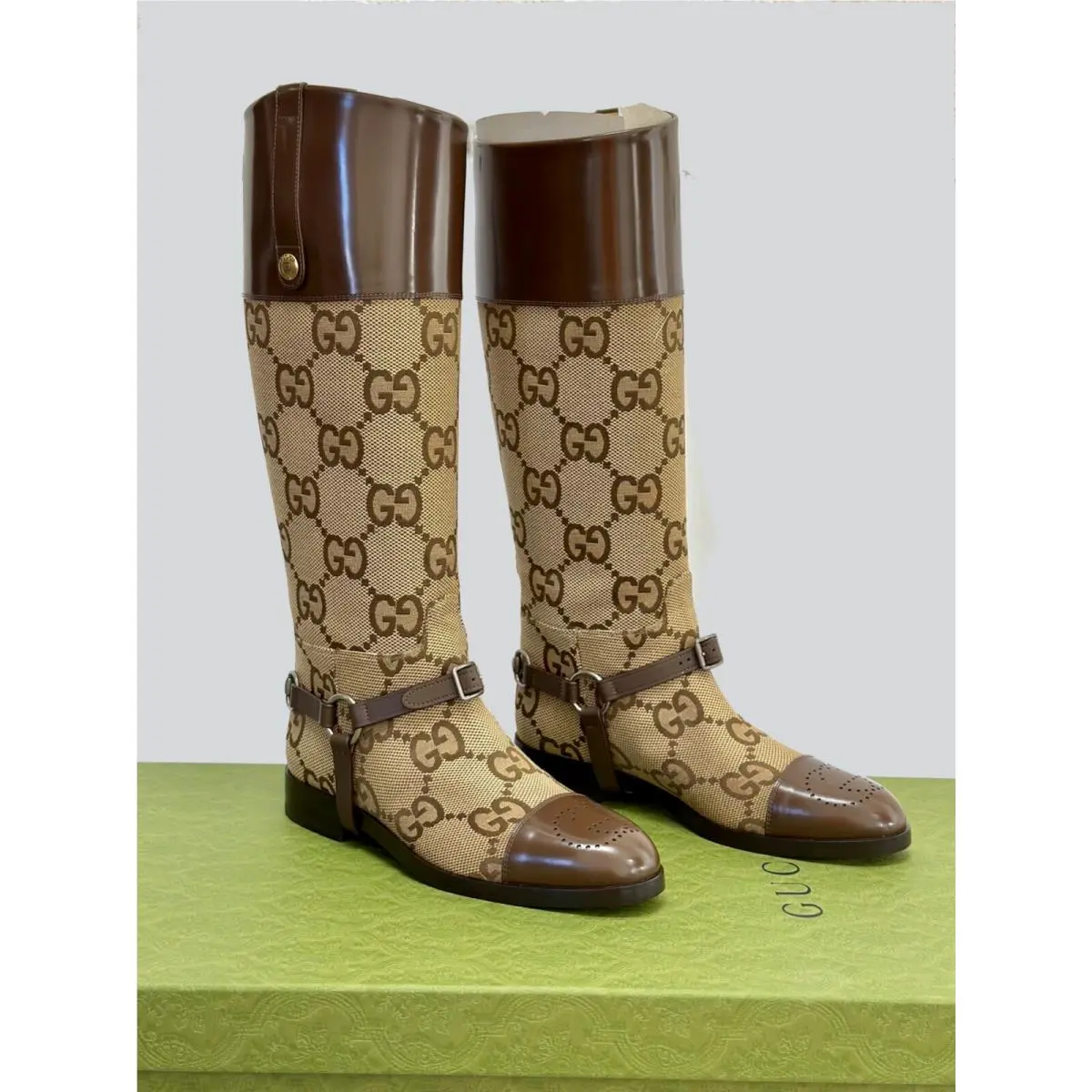 Gucci Aria Zelda GG Maxi Canvas Riding Leather Harness Boots Brown US8 EU41