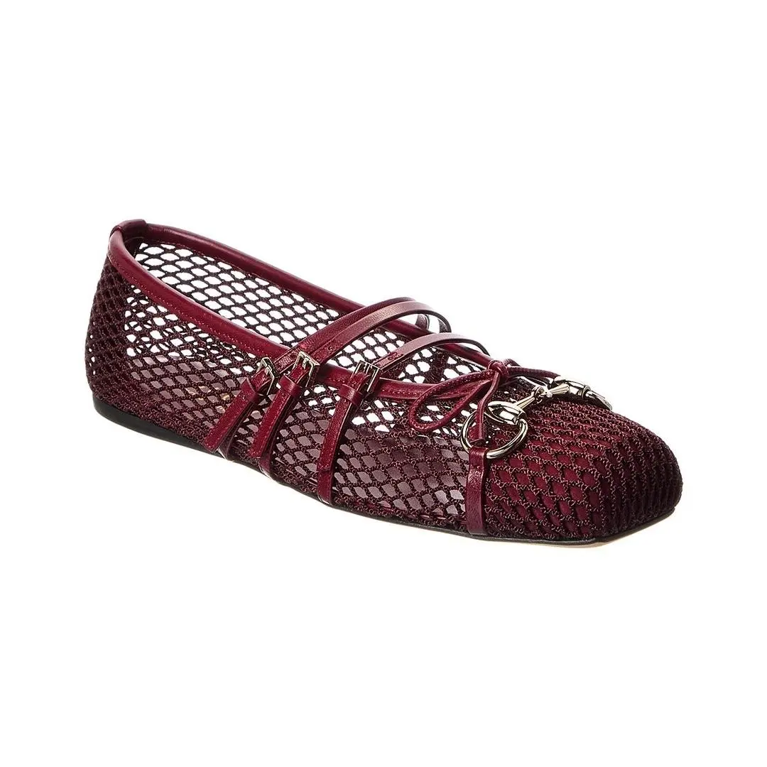 Gucci Horsebit Mesh Leather Ballet Flat Women`s Red 35