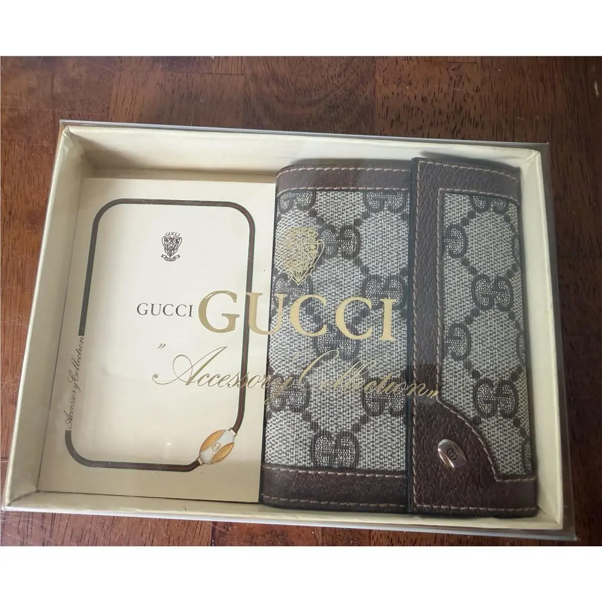 Vintage 1987 Gucci Accessory Collection Brown GG Monogram Leather Snap Notepad
