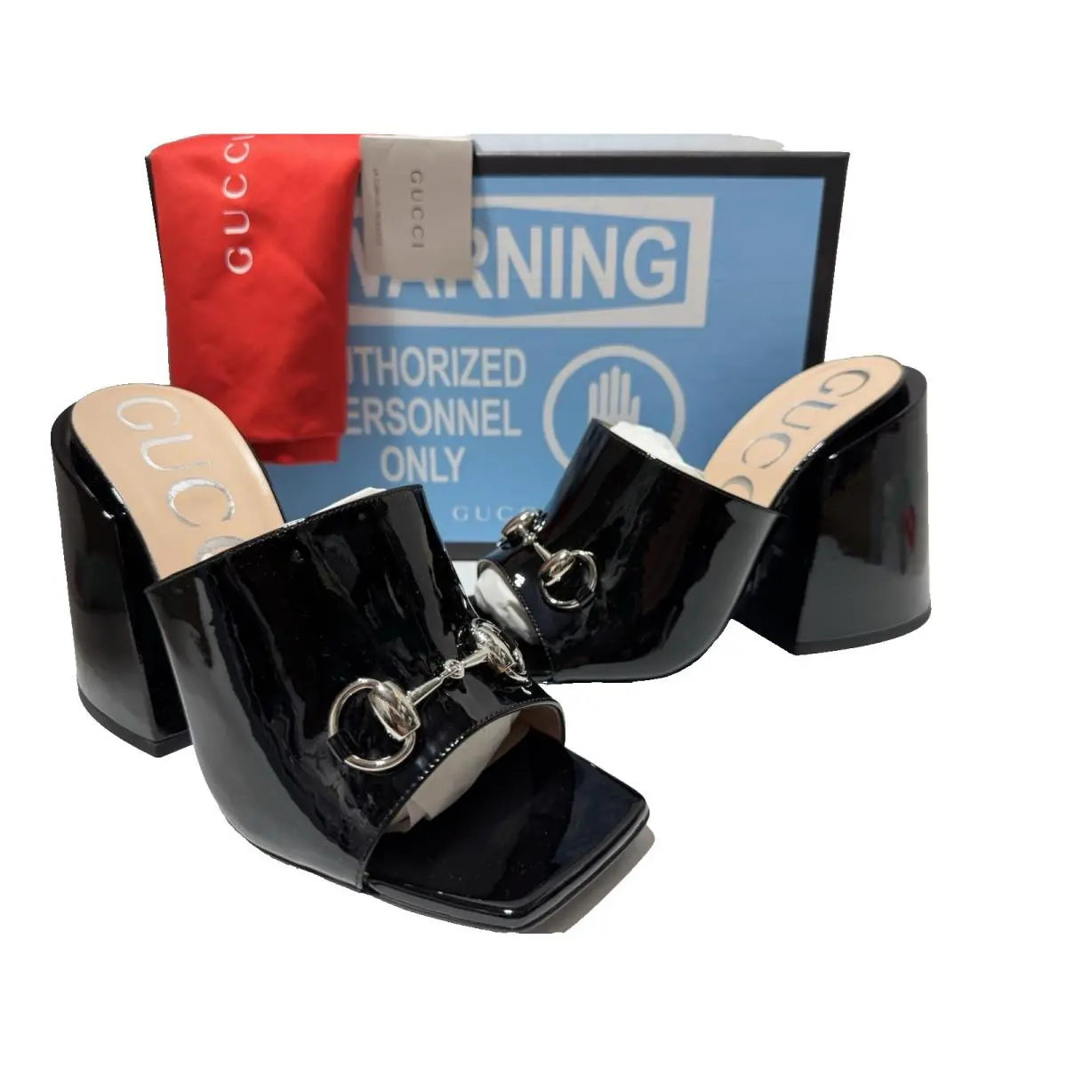 US 8 EU 38 Horsebit Black Patent Leather High Heel Sandals Slides Box by Gucci