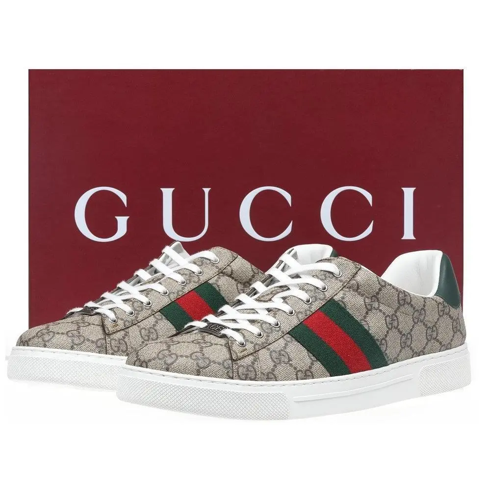 Men`s Beige ssima Leather Web Sneakers Shoes 7.5/US 8 by Gucci
