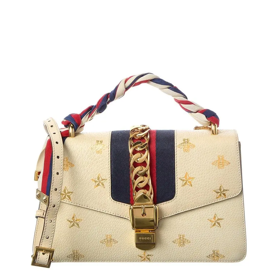 Gucci White Calfskin Leather Bee Star Print Small Sylvie Shoulder Bag