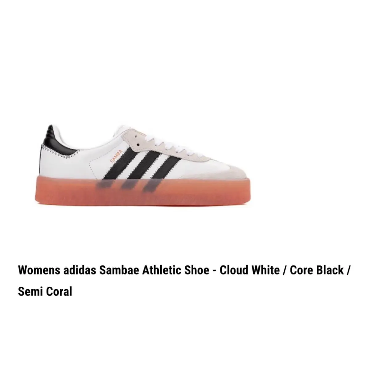 Adidas Women’s Sambae Cloud White Black Stripe and Coral Gum Sole Size 9