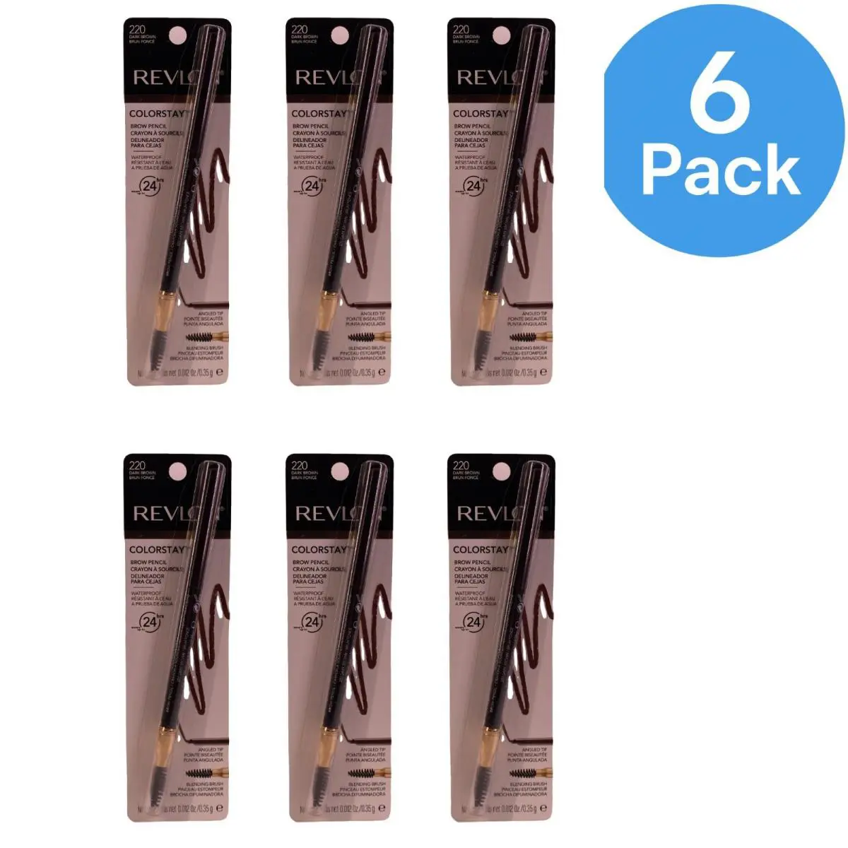 Revlon Colorstay Brow Pencil 220 Dark Brown Waterproof 24HR Wear 6 Pack Bundle