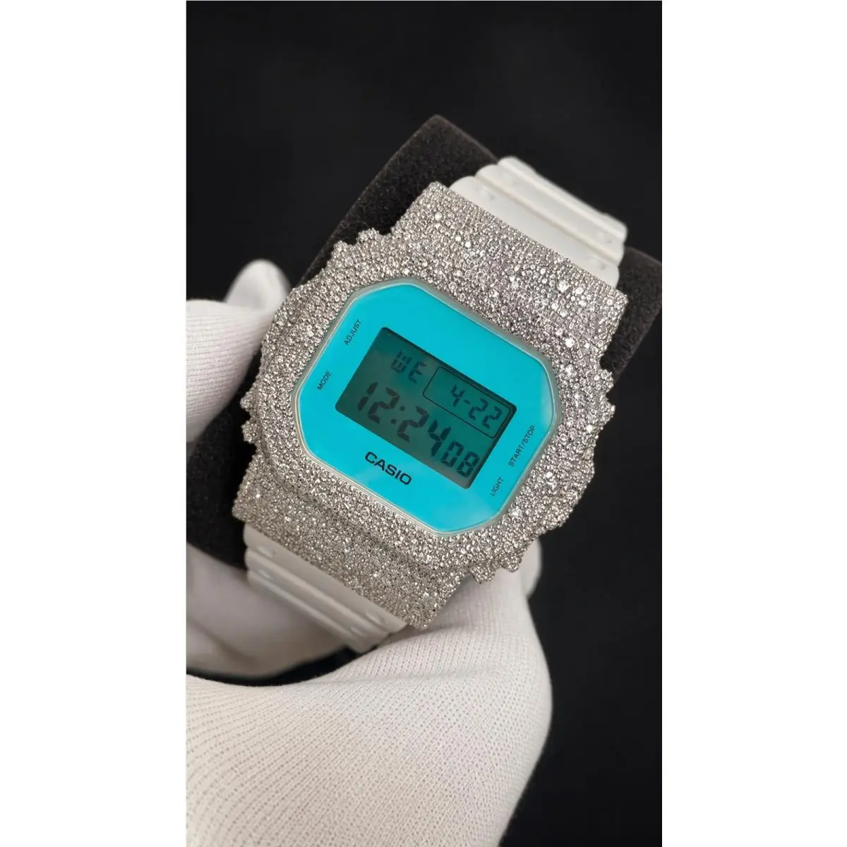 Custom Moissanite G-shock DW-5600 Watch White Bezel Blue Face White Band by Casio