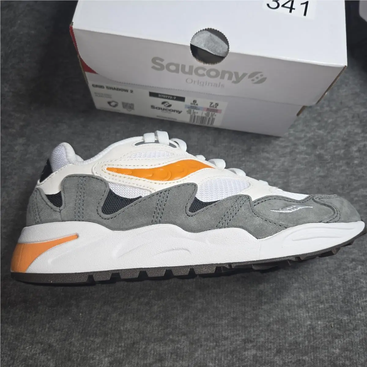 Saucony Grid Shadow 2 - White / Grey / Orange Mens 6 Womens 7.5 - White