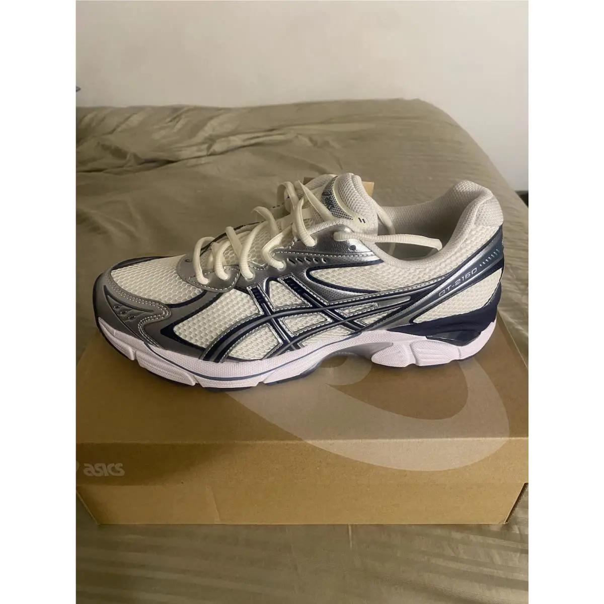 Asics Gel-2160 Men`s Size 10.5 Cream/raw Indigo Blue Mesh Running Sneakers