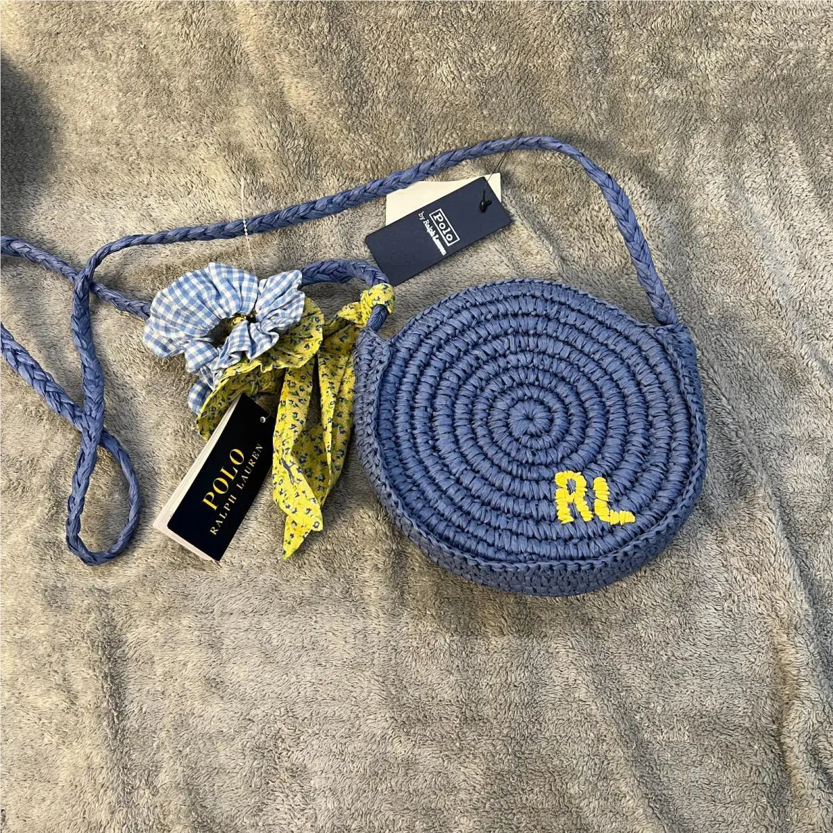 Polo Ralph Lauren Logo Raffia Blue Crossbody Purse w/ Matching Hair Ties