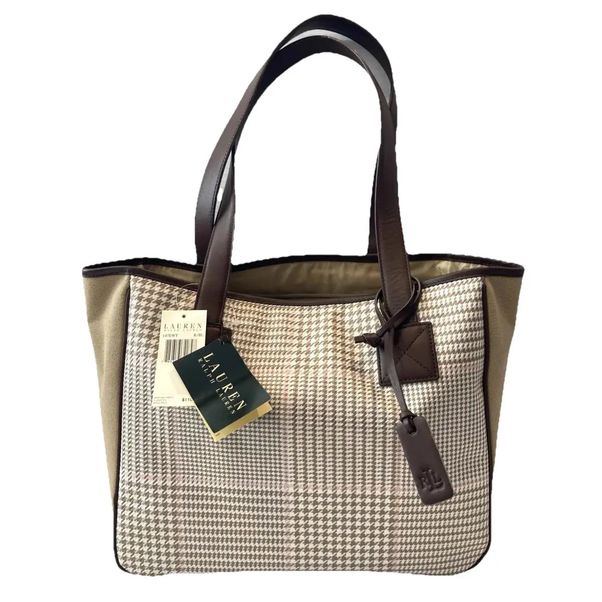Ralph Lauren Houndstooth Plaid Tote Handbag Classic Preppy Brown/tan/cream