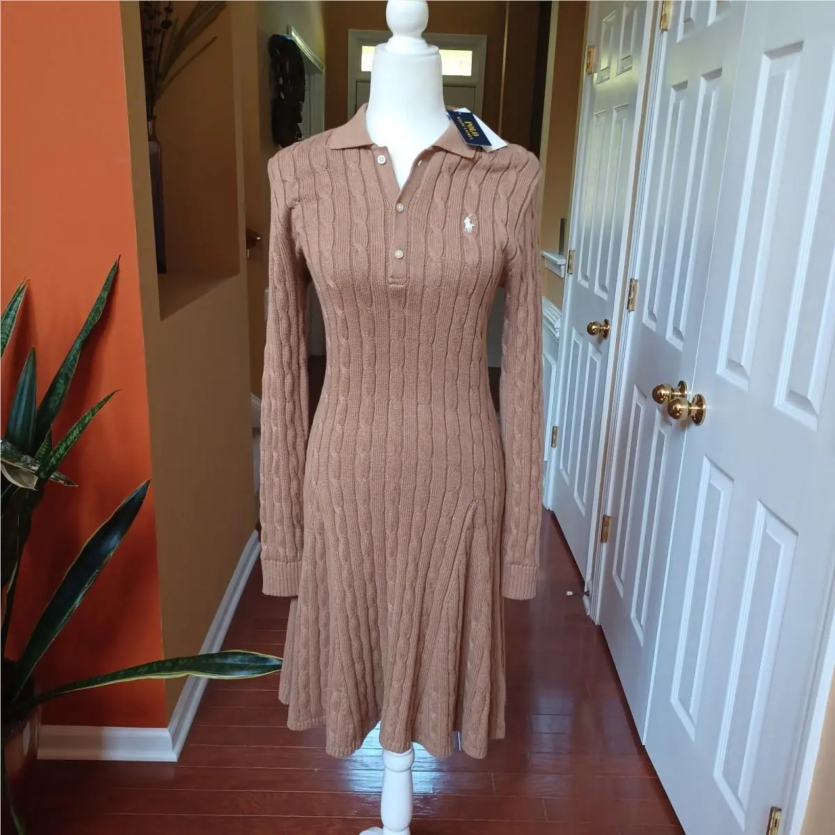 Polo Ralph Lauren Cable Knit Sweater Dress 2 Beige 3 Button Long Sleeve