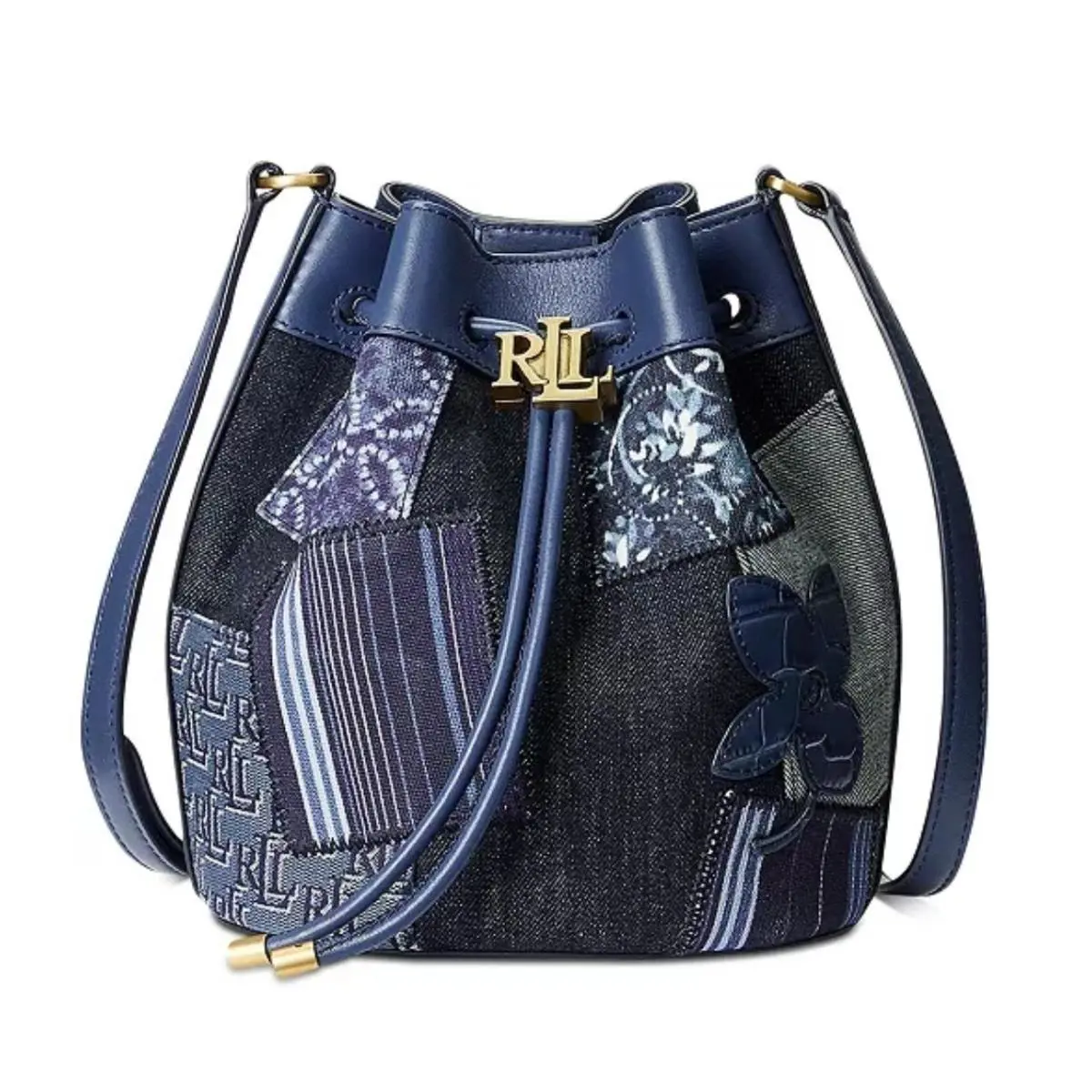 Lauren Ralph Lauren Denim Patchwork Andie Butterfly Bucket Bag Blue Gold NW