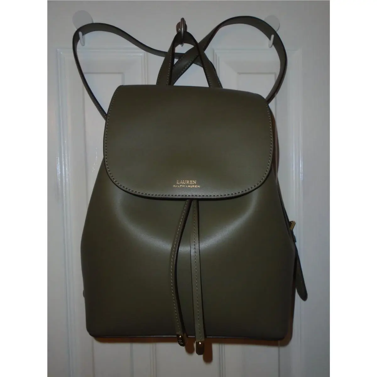 Lauren Ralph Lauren Sage Leather Drawstring Backpack White Interior