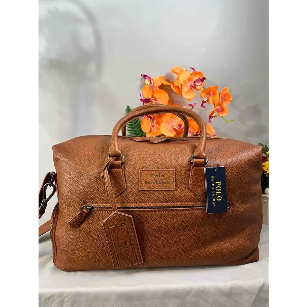 Polo Ralph Lauren Pebbled Leather Duffel Bag in Cognac Brown