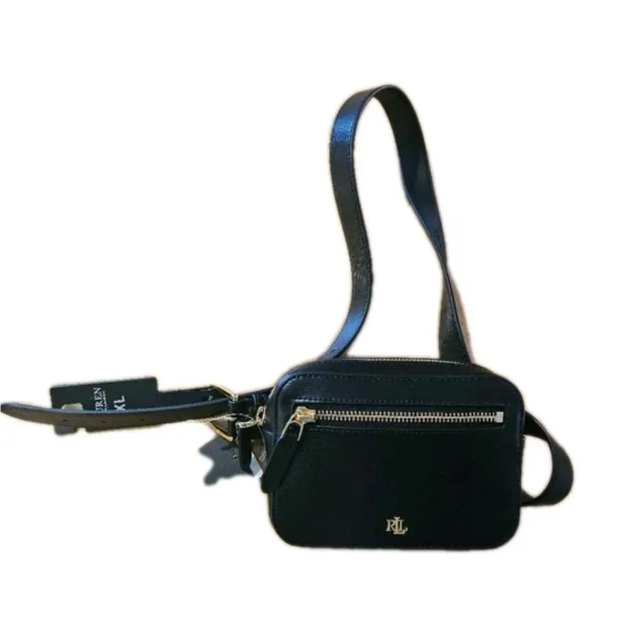 Women`s Lauren Ralph Lauren Black Leather Belt Bag W/gold Hardware XL