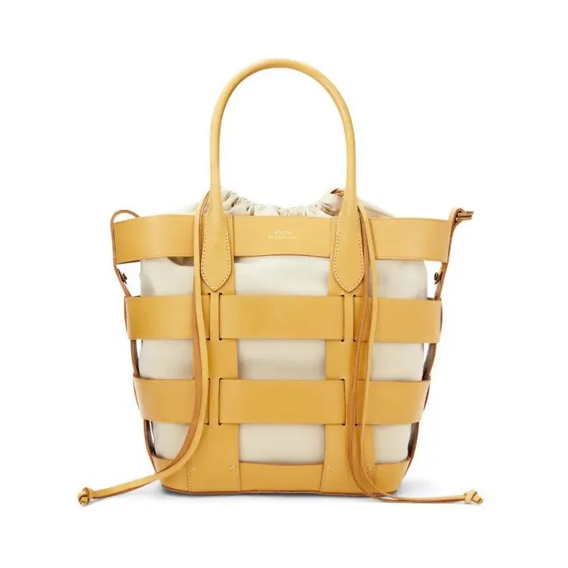 Polo Ralph Lauren Leather Medium Basket Weave Tote Bag Sunflower Yellow