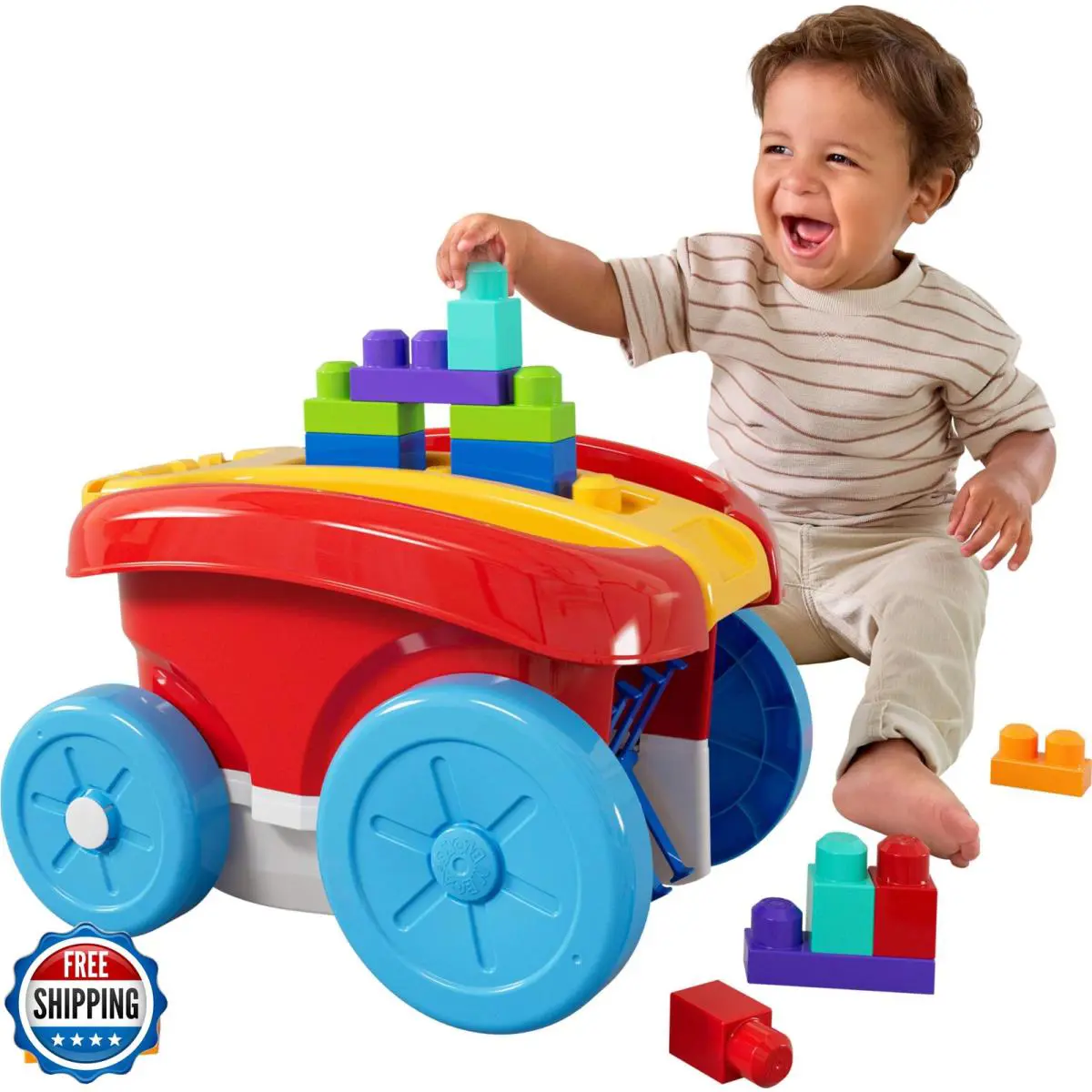 Mega Bloks First Builders Toddler Building Toy Block Scooping Pull Wagon Wit