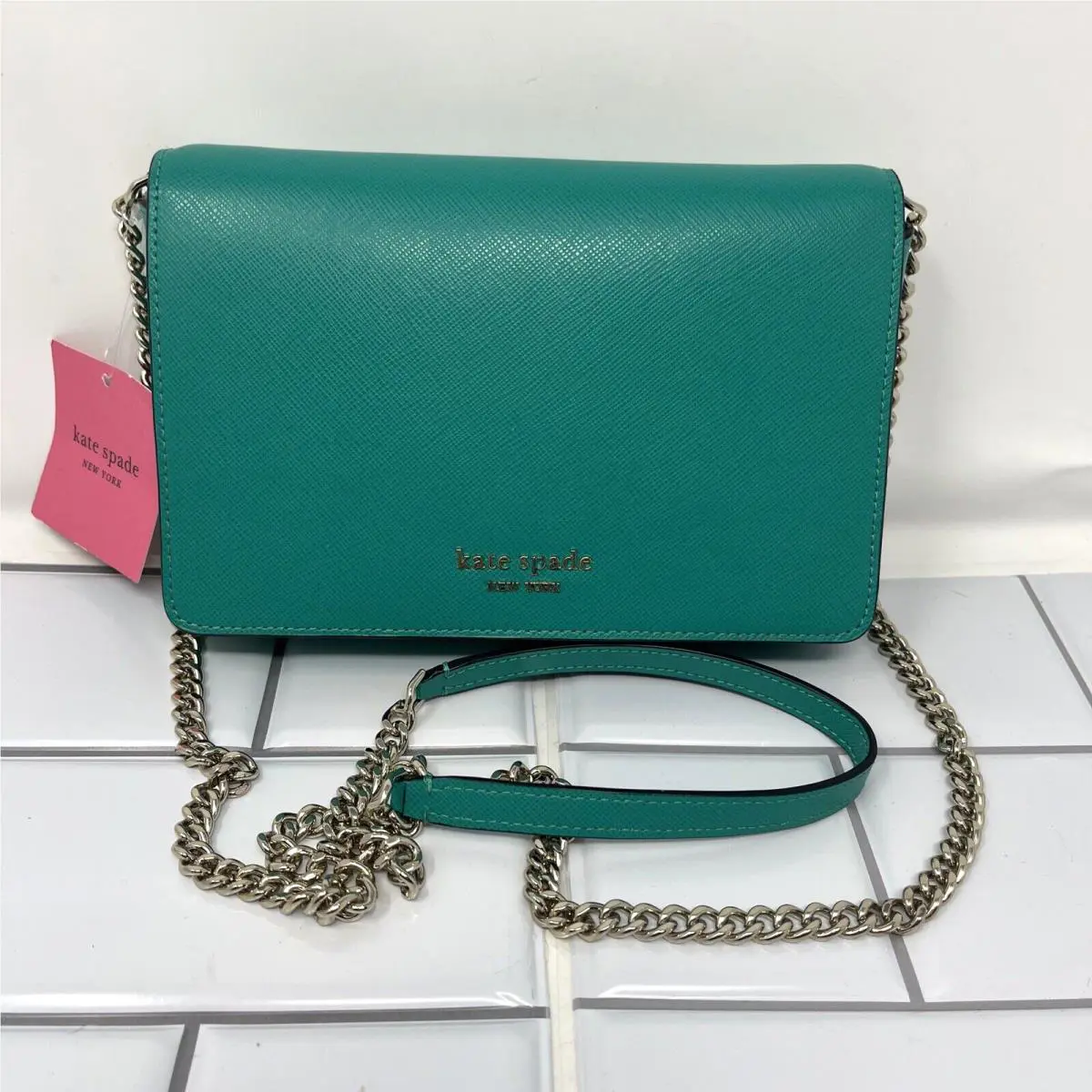 Kate Spade Fiji Green Saffiano Leather Spencer Gold Chain Wallet Crossbody