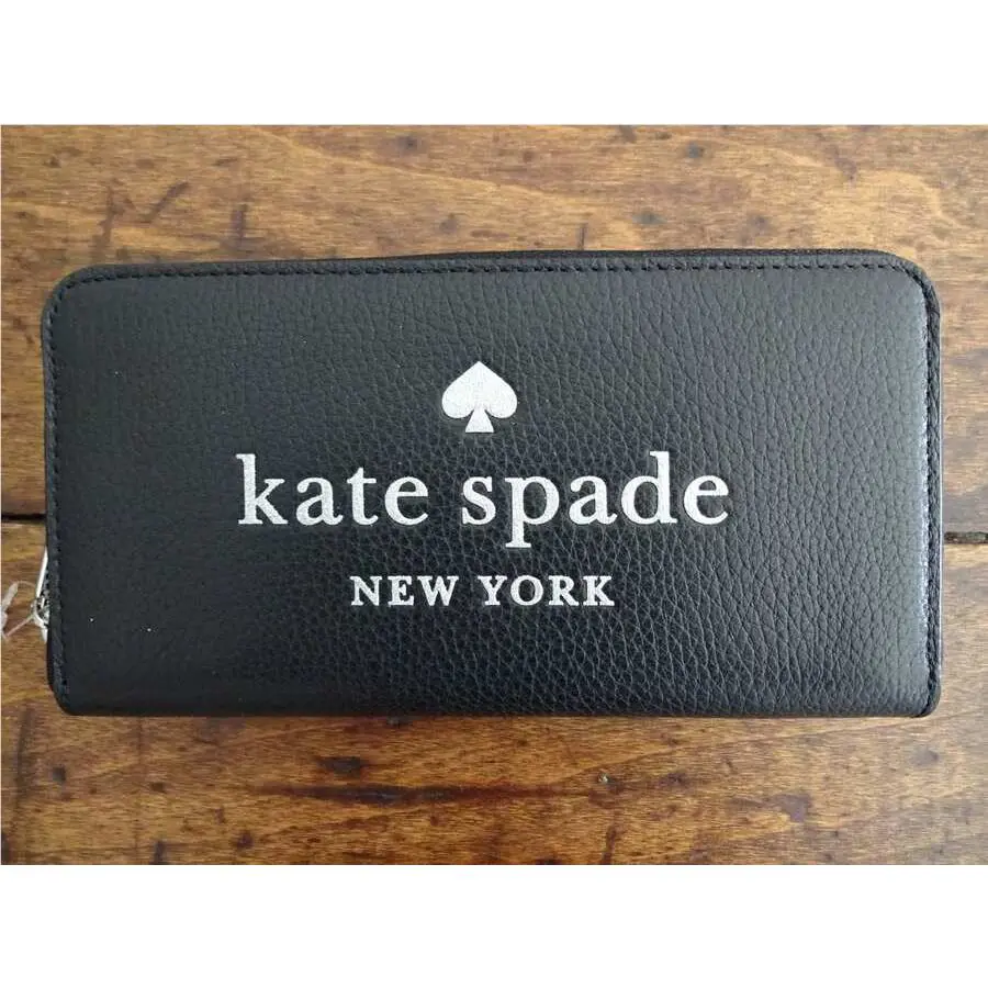 Kate Spade Black Glitter Embossed Logo LG Leather Continental Zip Around Wallet
