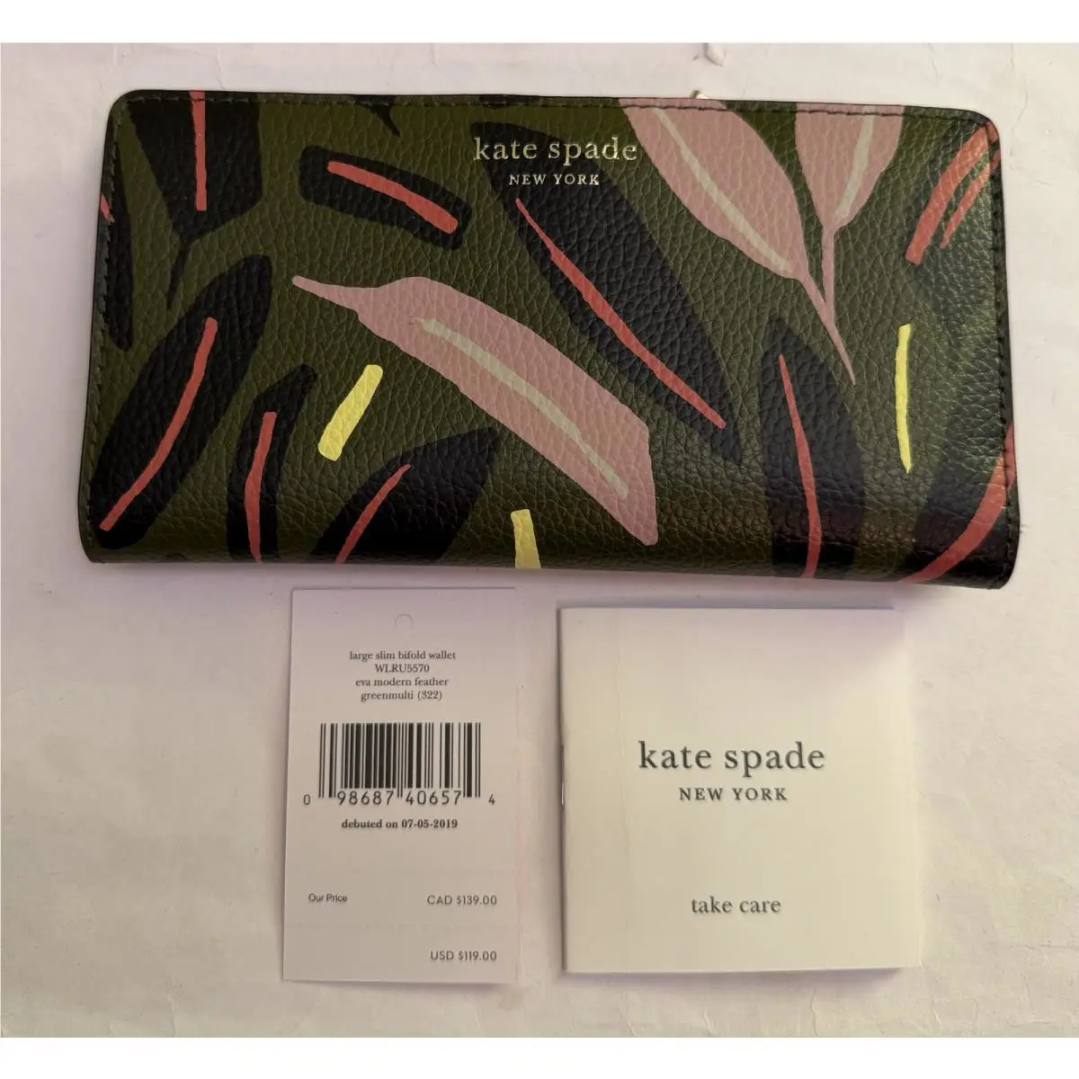 Kate Spade WLRU5570 Large Slim Bifold Wallet Eva Modern Feather Green Multi