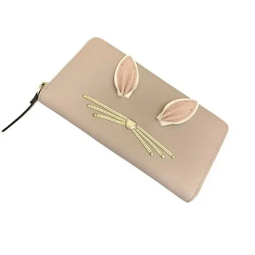 Kate Spade Bunny Rabbit Saffiano Leather Zip Around Wallet Beige Pom Pom Tail