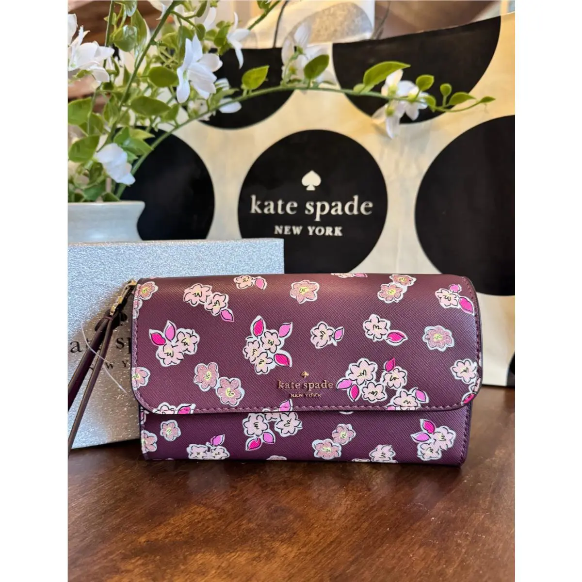 Kate Spade Tinsel Floral Boxed Phone Wristlet Wallet Deep Berry Multi