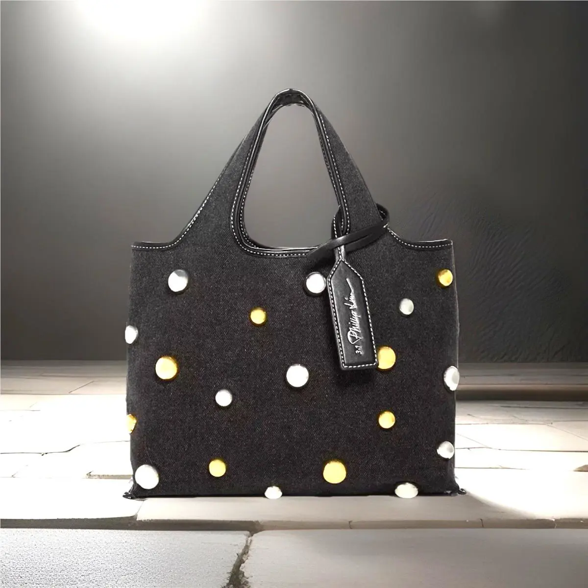 3.1 Phillip Lim Mini Dual-tone Studded Denim Top Handles Tote-black