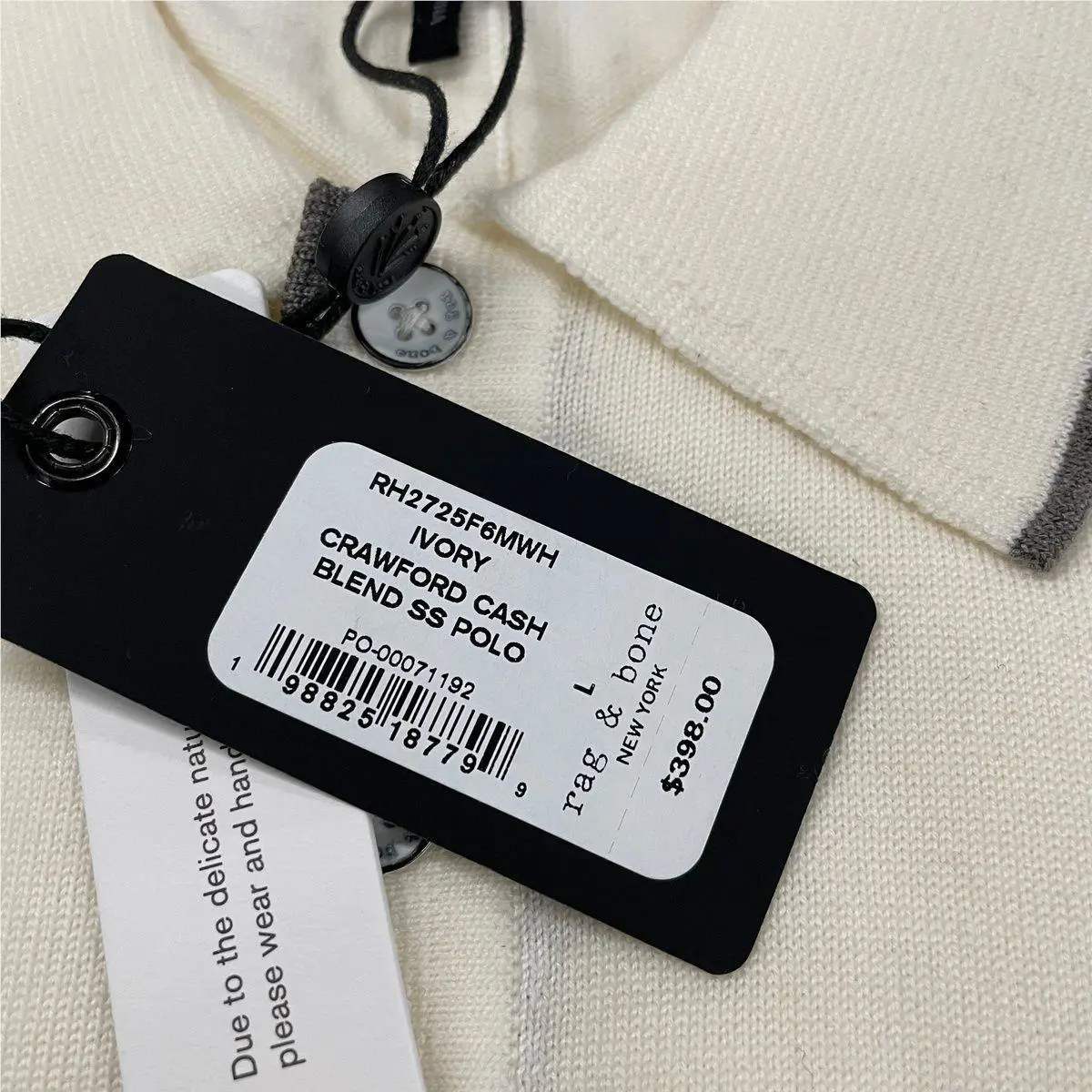 Rag Bone Crawford Wool Cashmere Knit Polo Men`s Size L Ivory