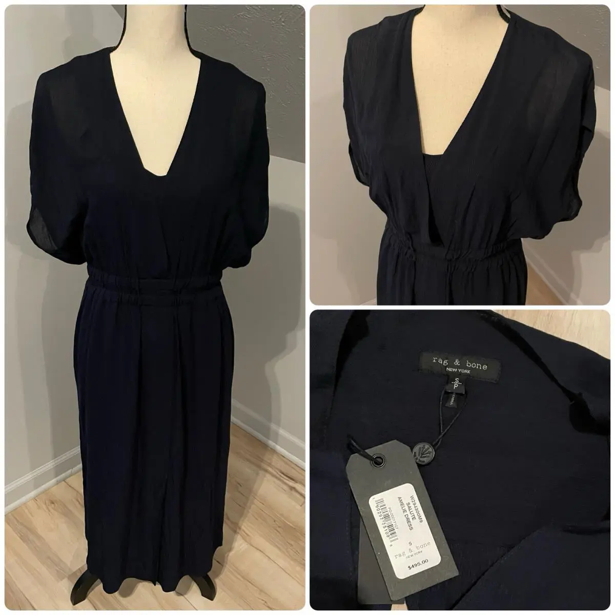Rag Bone Amelie Midi Dress Size S Elastic Waist Draped Sleeve Lined Blue
