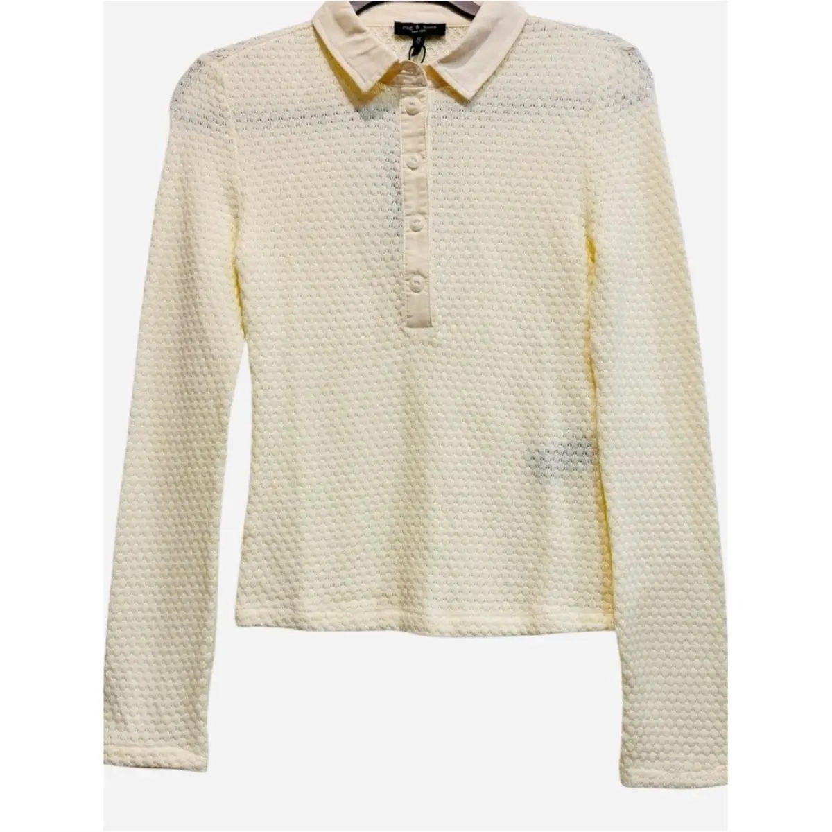 Rag Bone Carine Open Stitch Crochet Long Sleeve Polo Shirt Ivory Sz XS