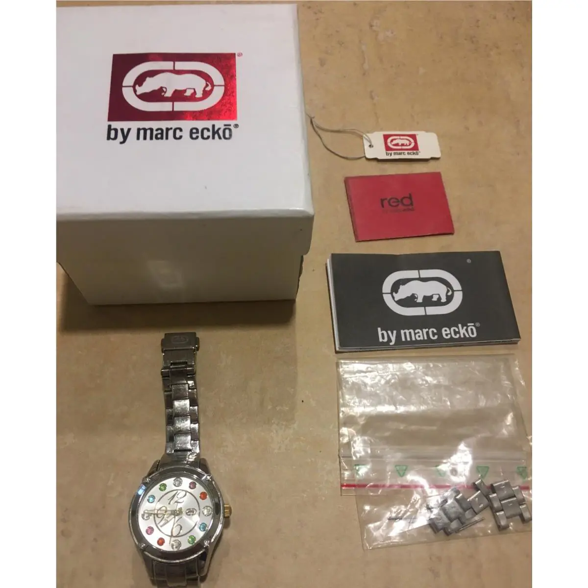 Marc Ecko Red Stainless Steel Bracelet Watch W/colorful Jeweled Face Watch