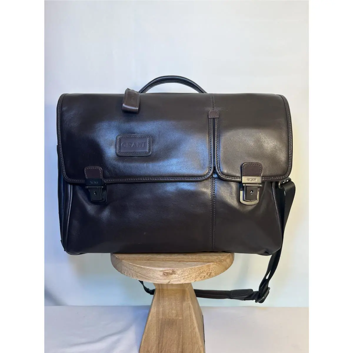 Black Leather Expandible Organizer Laptop Brief by Tumi