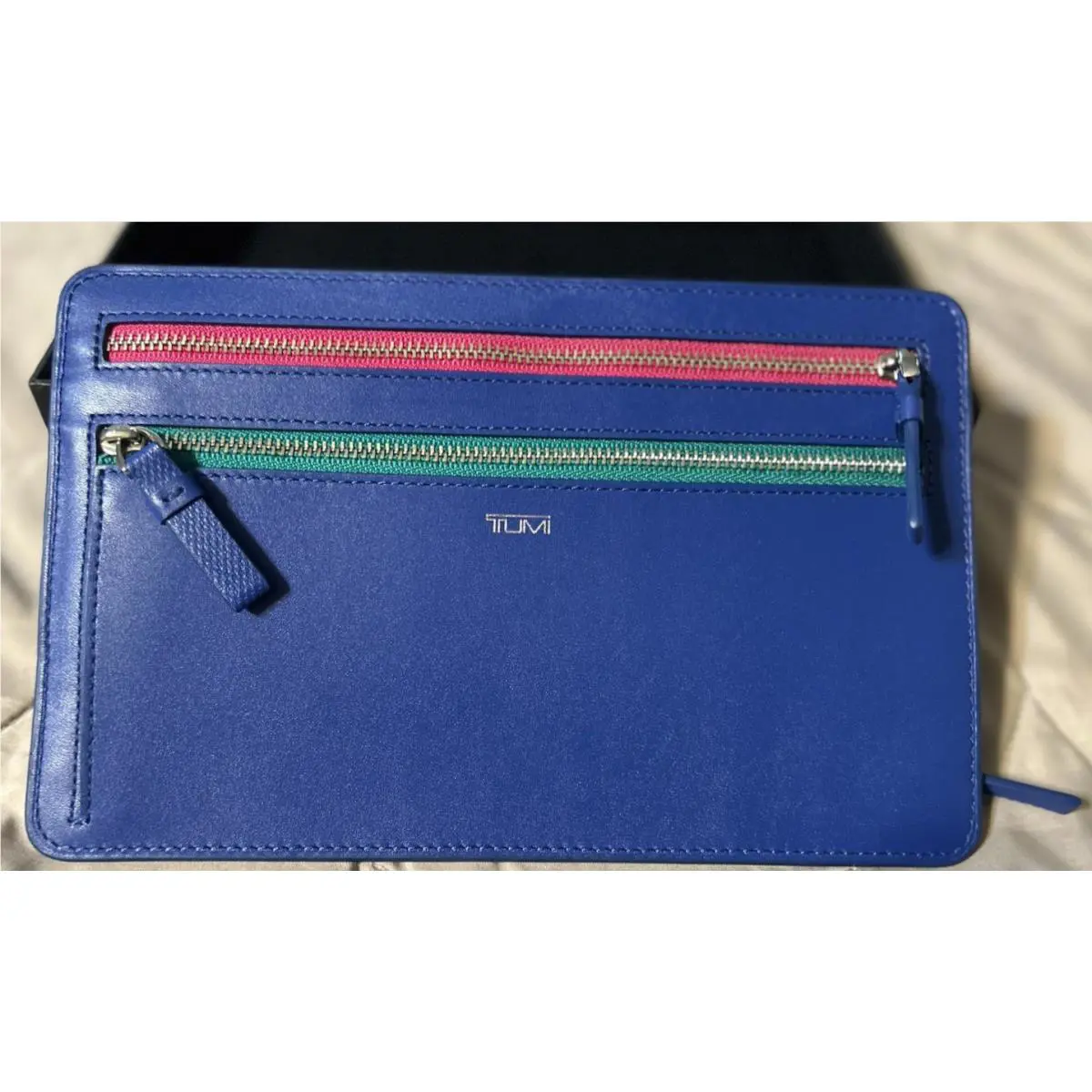 Tumi Prism Multi Currency Wallet In Blue W/multicolor Zippered Compartments