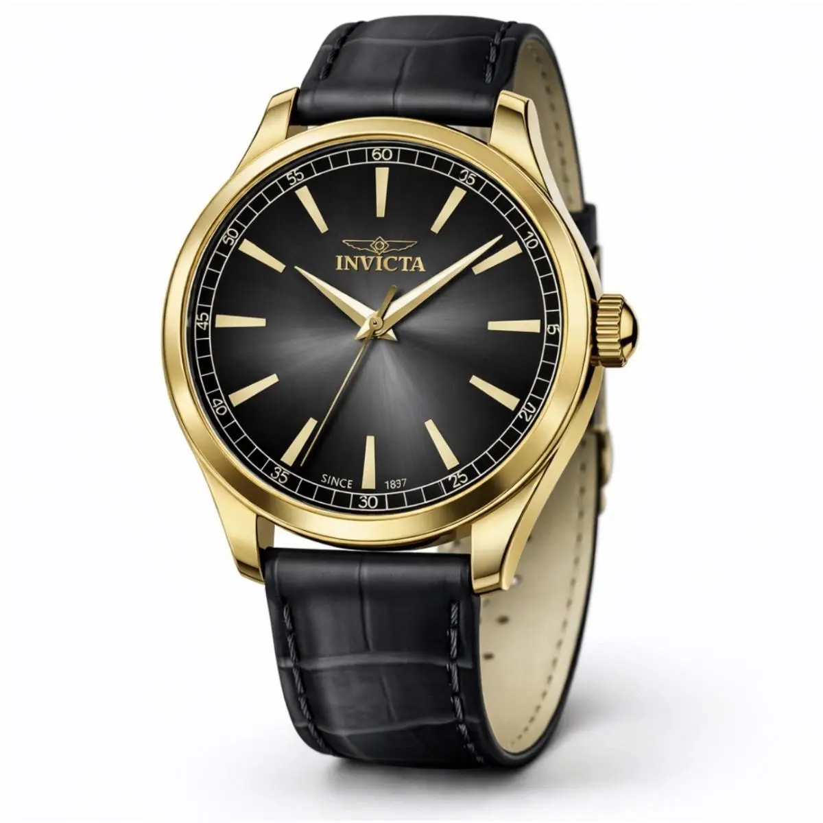 Invicta Celestial Men`s Watch 43mm Gold Case Black Dial Black Leather Band 50473 - Dial: Black, Band: Black, Bezel: Gold