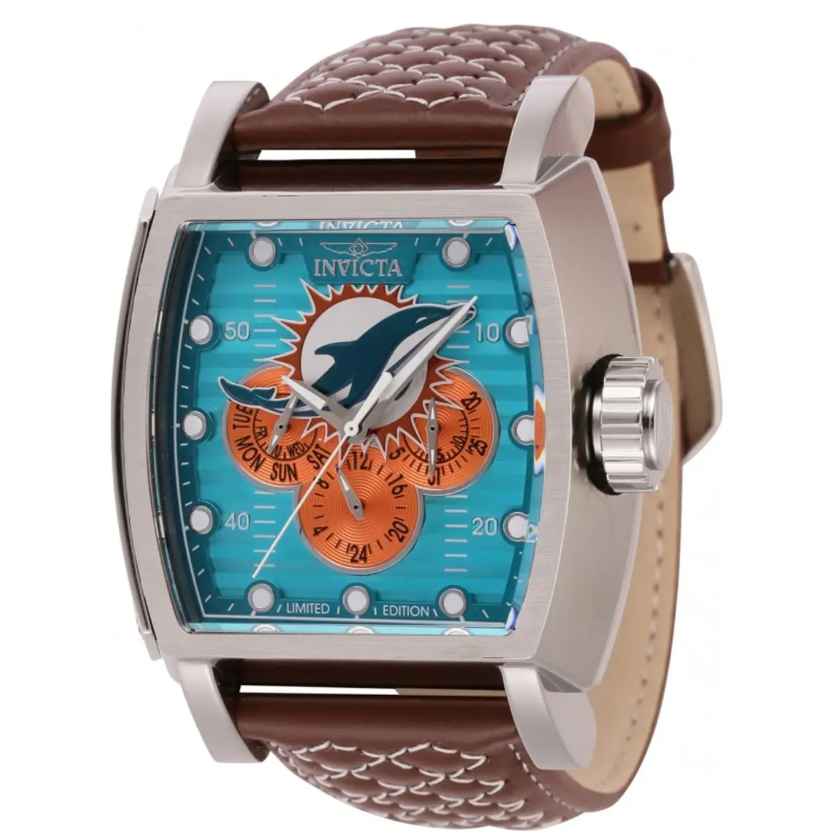 Invicta S1 Rally Nfl Miami Dolphins Men`s 48mm Limited Edition Watch 45082 - Dial: Blue, Multicolor, Orange, Silver, White, Band: Brown, Bezel: Silver