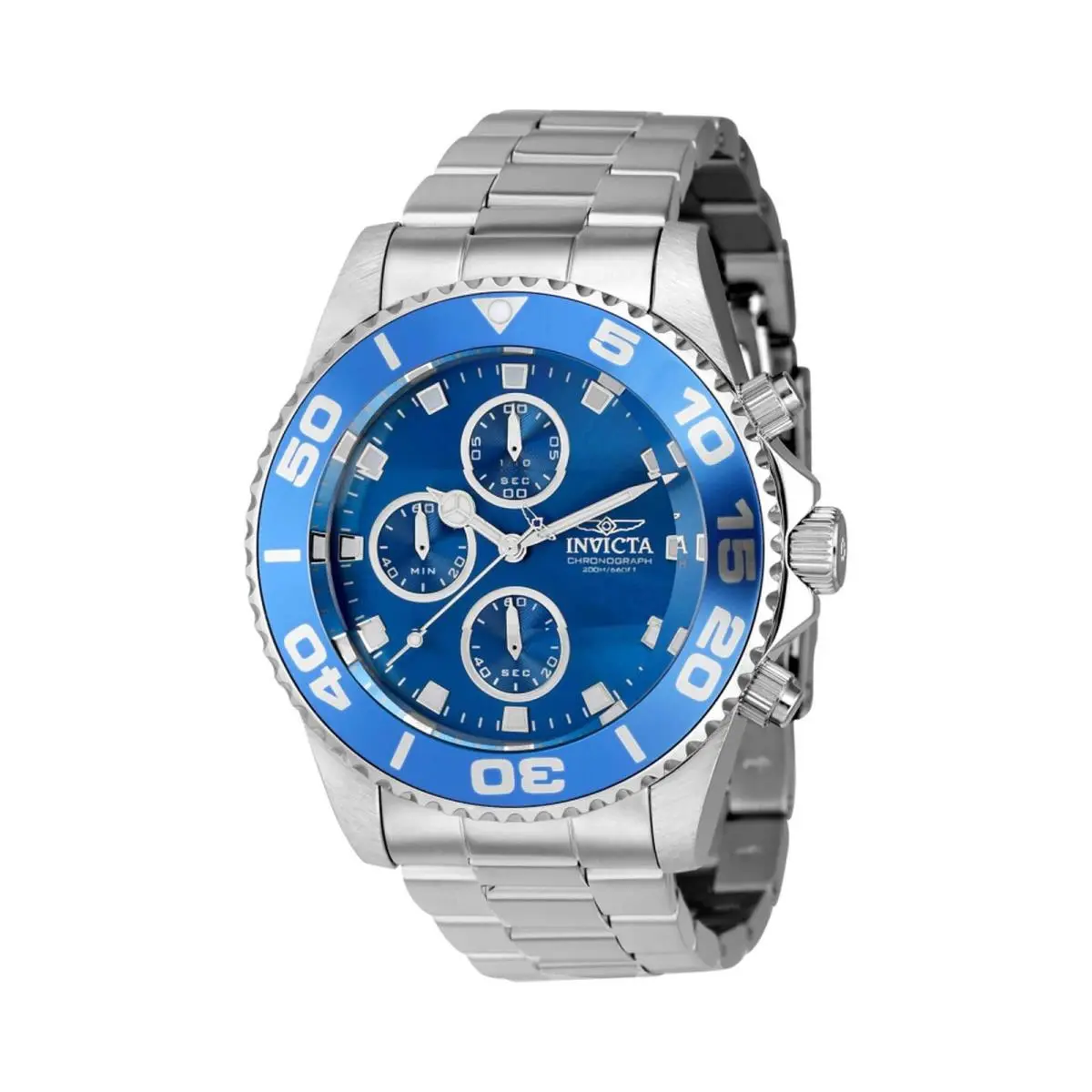 Invicta Men`s Watch Pro Diver Chronograph Blue Dial Silver Tone Bracelet 43406