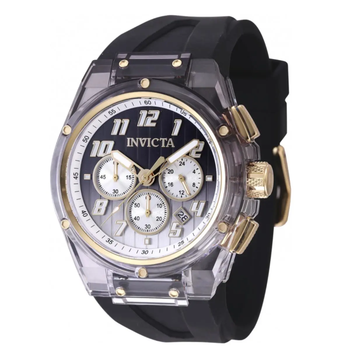 Invicta S1 Rally Prism Color Flip Men`s 44mm Clear Case Chrono Watch 47352 - Dial: Black, Gold, Gray, Multicolor, Silver, White, Band: Black, Bezel: Black, Clear, Gold, Yellow
