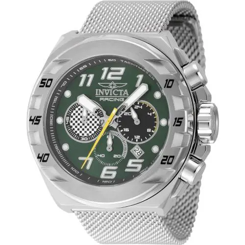 Invicta Men`s 47200 Racing Quartz Chronograph 48MM Green Dial Steel Mesh Watch