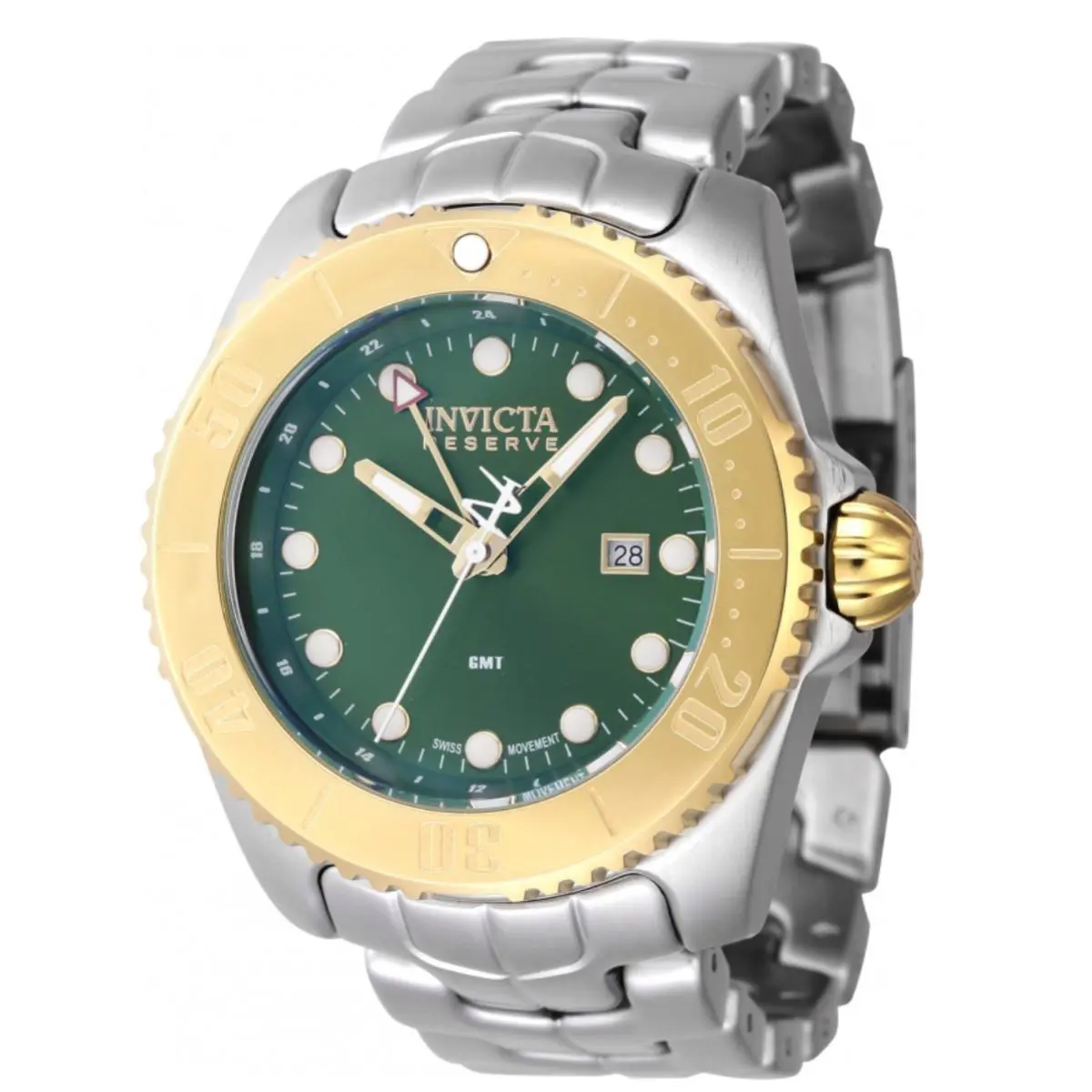 Invicta Reserve Swiss Ronda 515.24H Gmt Men`s 50mm Green Dial Quartz Watch 47211 - Dial: Green, White, Band: Silver, Bezel: Gold, Yellow