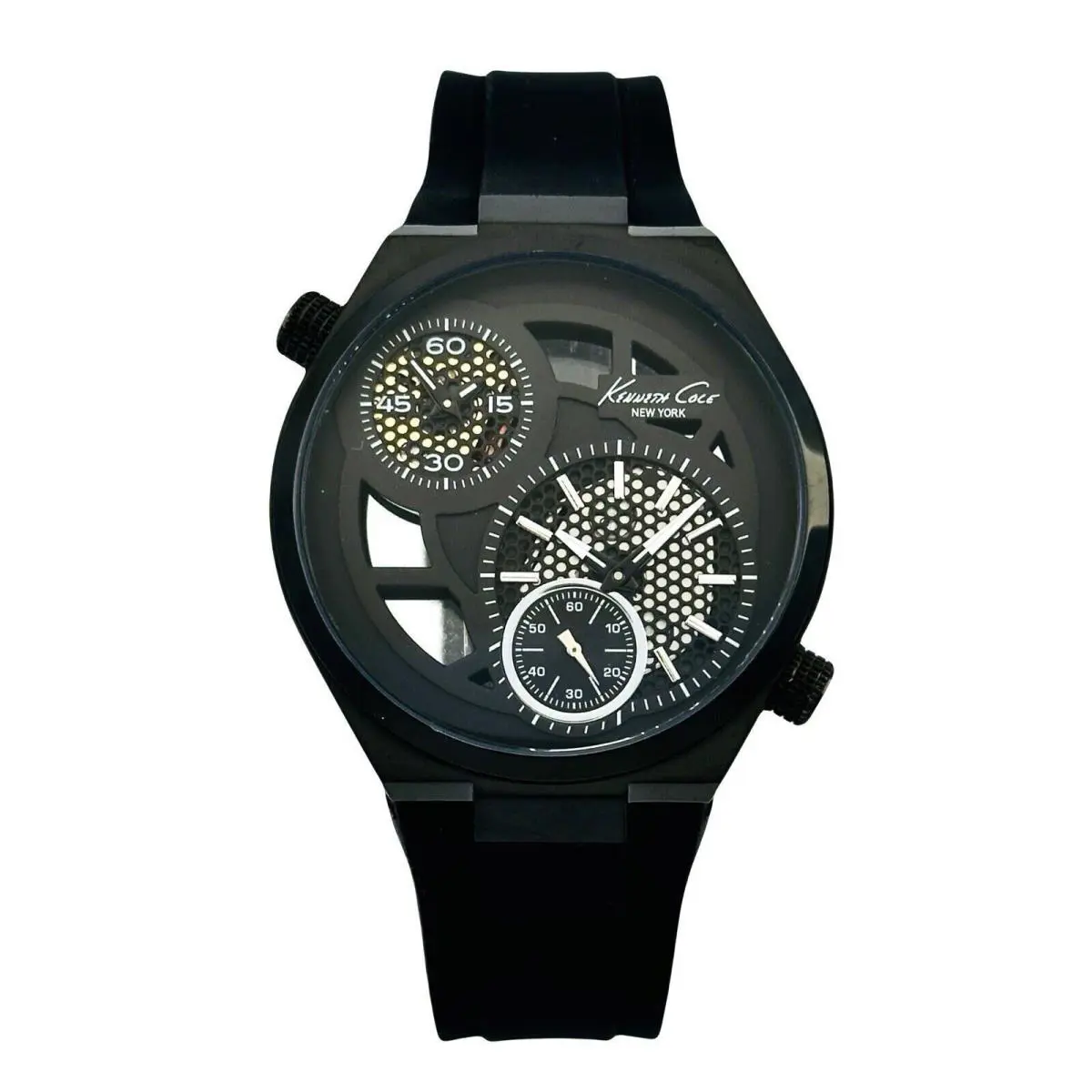 Kenneth Cole NY KC1680 Men’s Dual Time Black Skeleton Black Rubber Strap Watch
