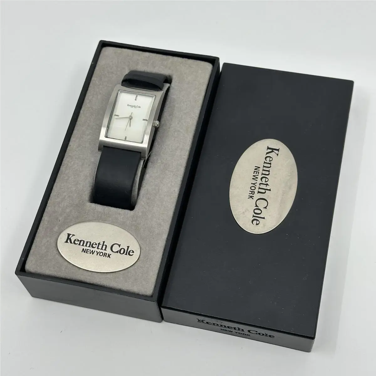 90s Kenneth Cole Of NY Tank Analog Curved Watch Unisex Silvertone Black Band