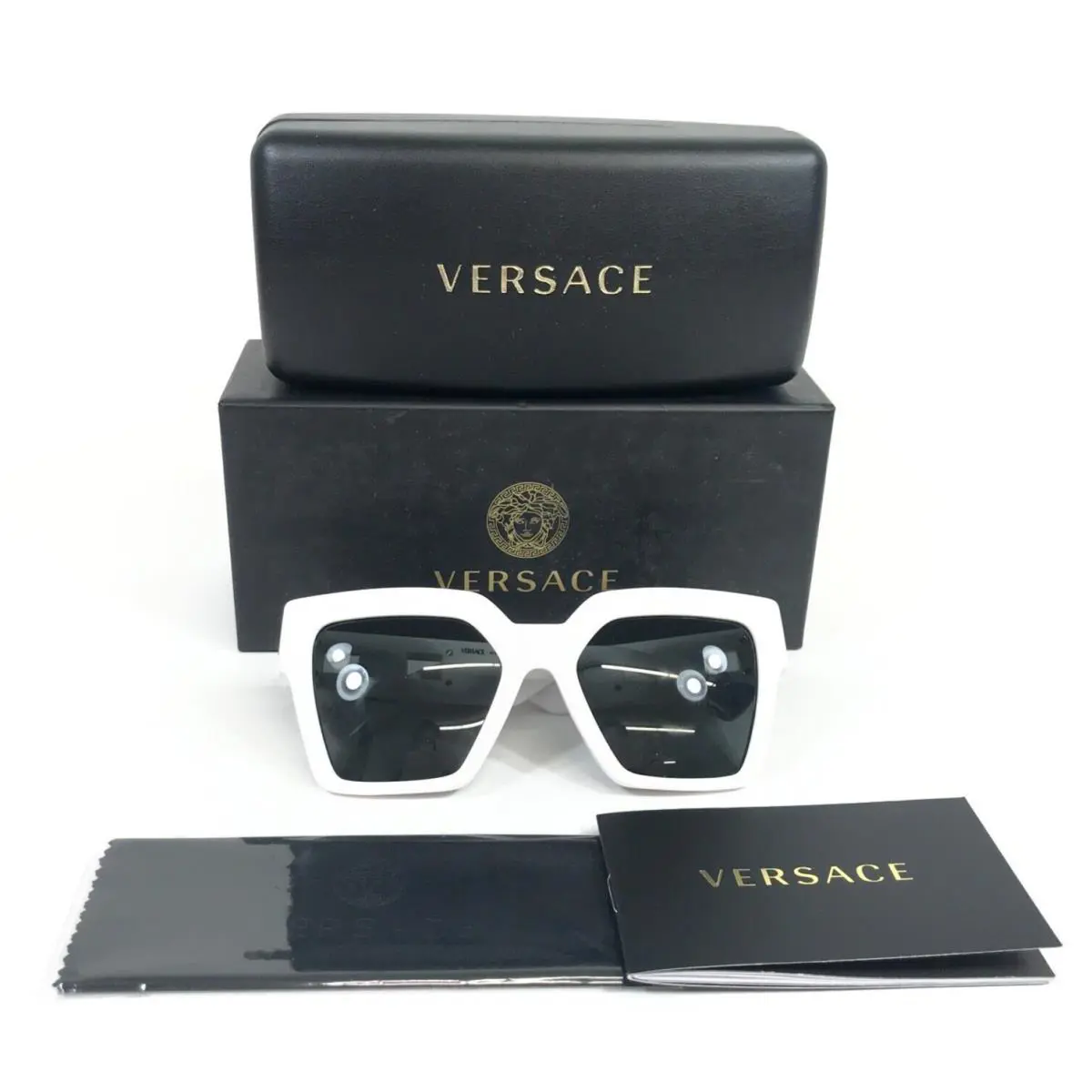 Versace Sunglasses MOD.4458-F 314/87 Thick White Gold Cat Eye Frames Gray Lenses
