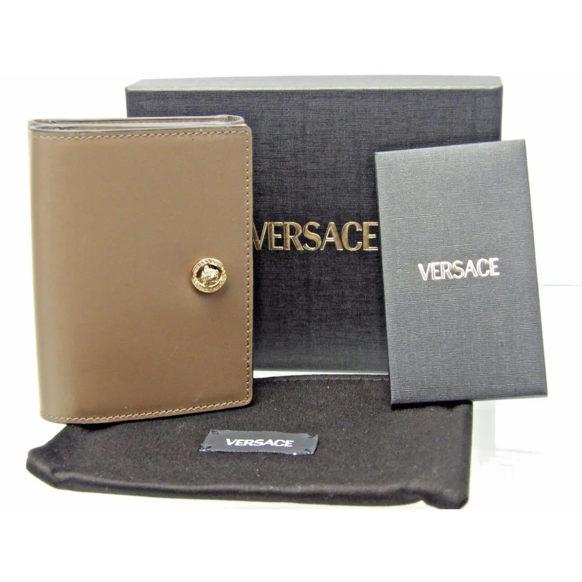 Versace Dark Green Grained Leather Gold Medusa Logo Compact Trifold Wallet