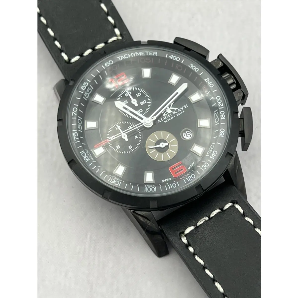 Adee Kaye AK9000-MIPB Men`s Leather Band Black IP Black Dial Chronograph Watch