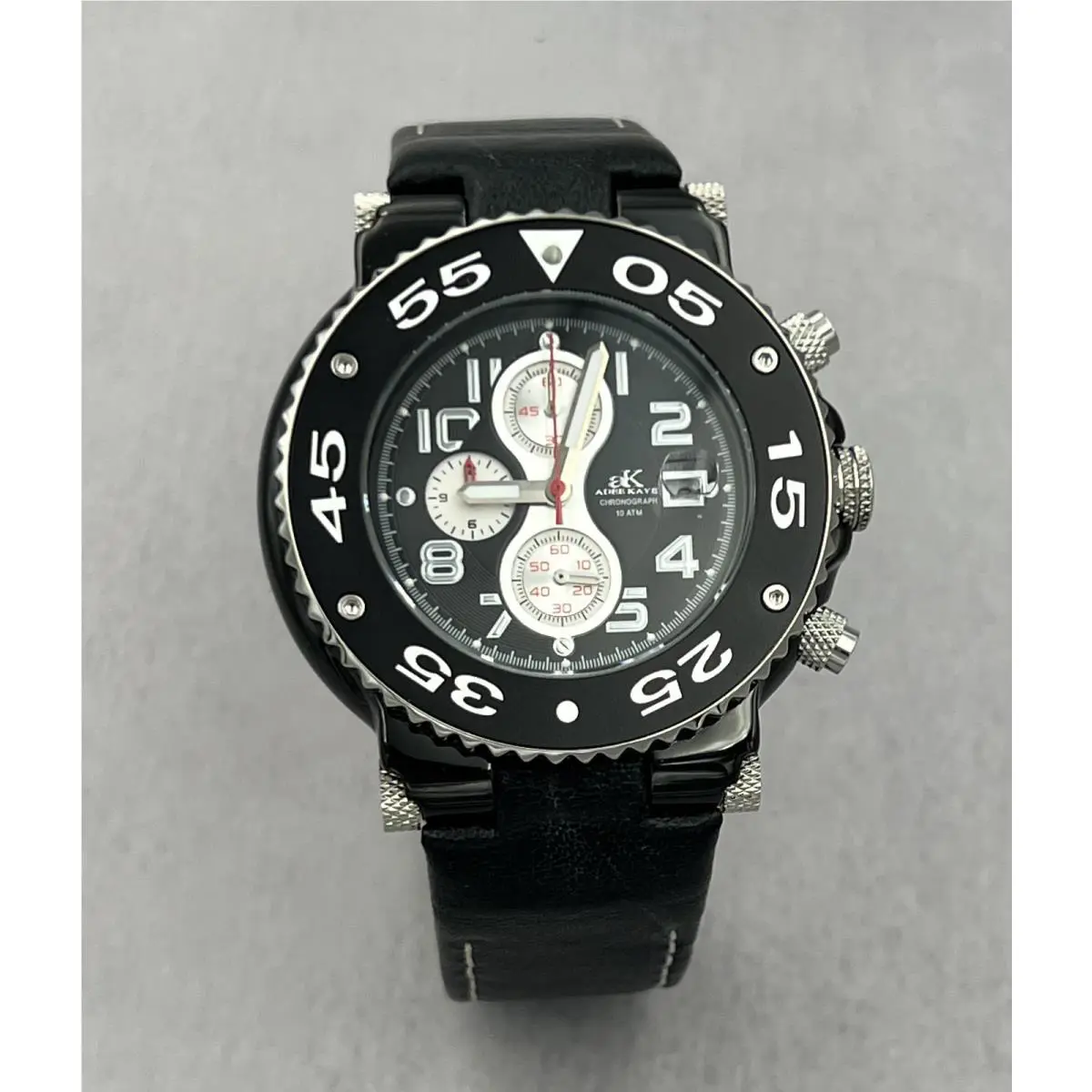 Adee Kaye AK8026-MIPB Men`s Leather Band Black Dial Chronograph Watch