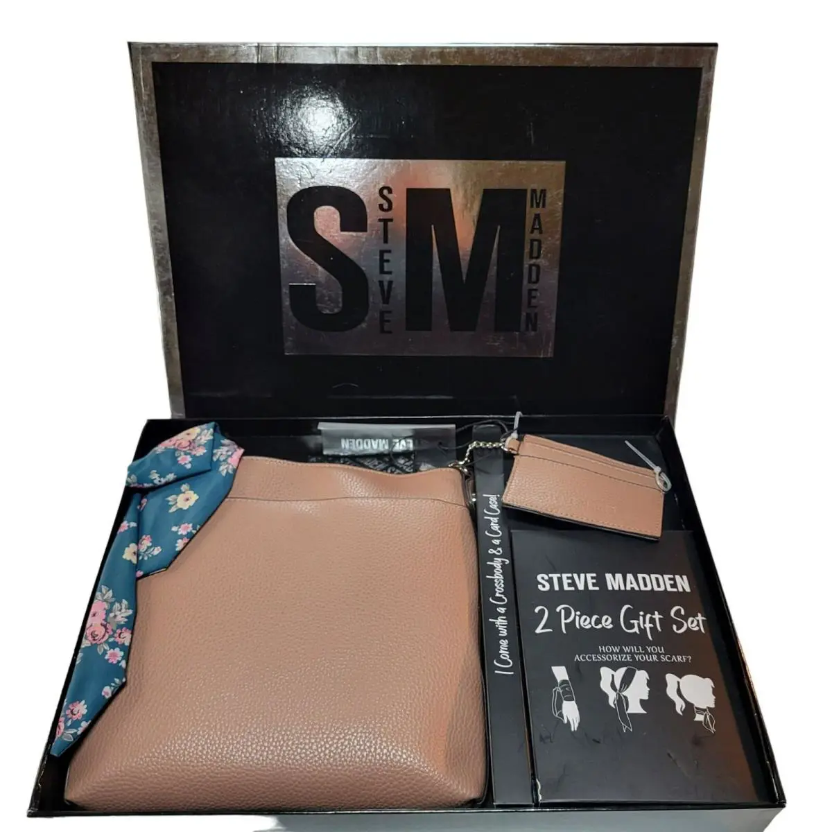 SM Steve Madden Crossbody Bag Card Case 2 PC Gift Box Set with Scarf Tan Brown