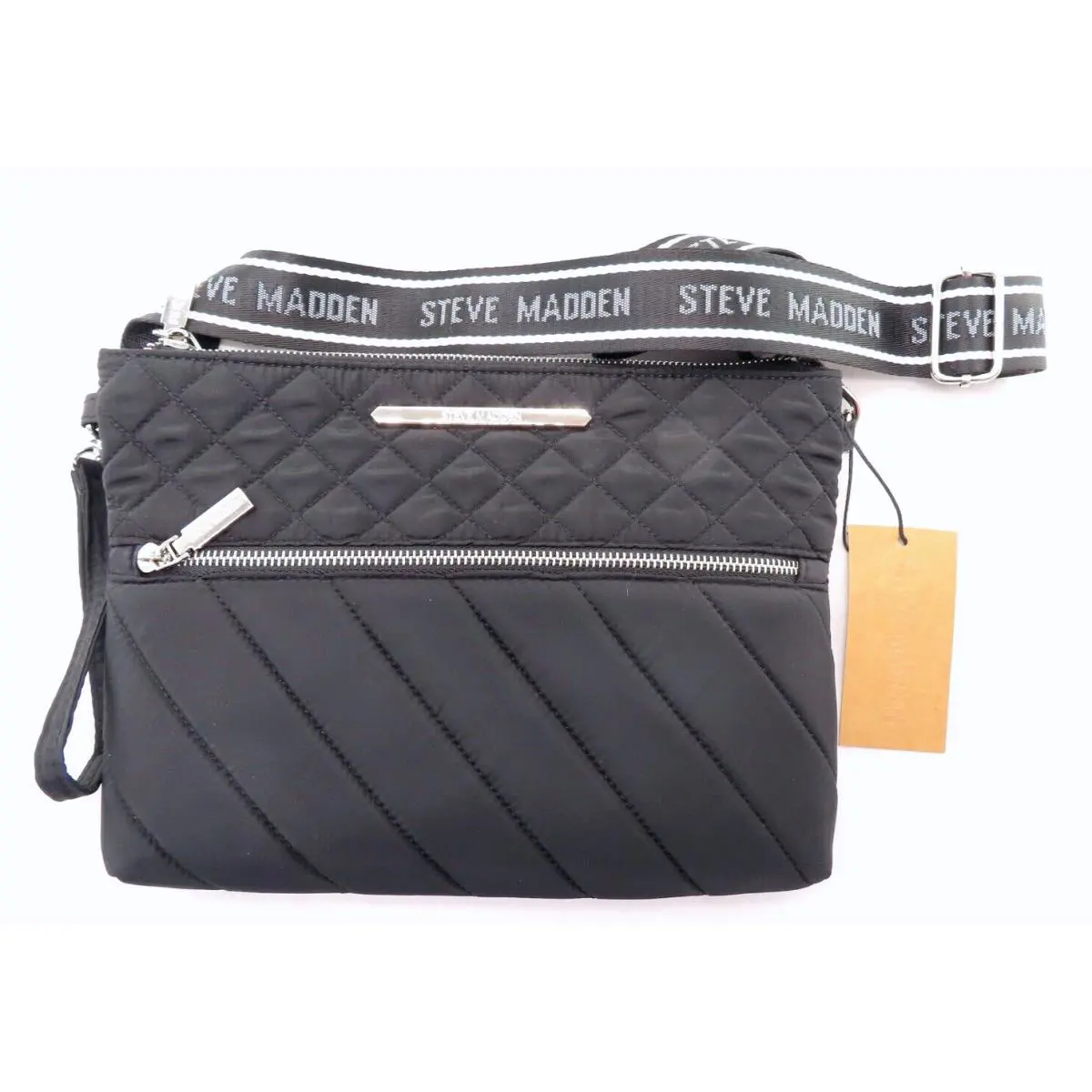 Steve Madden: Quilted Polyester Crossbody. Black. Vegan. ORG$68
