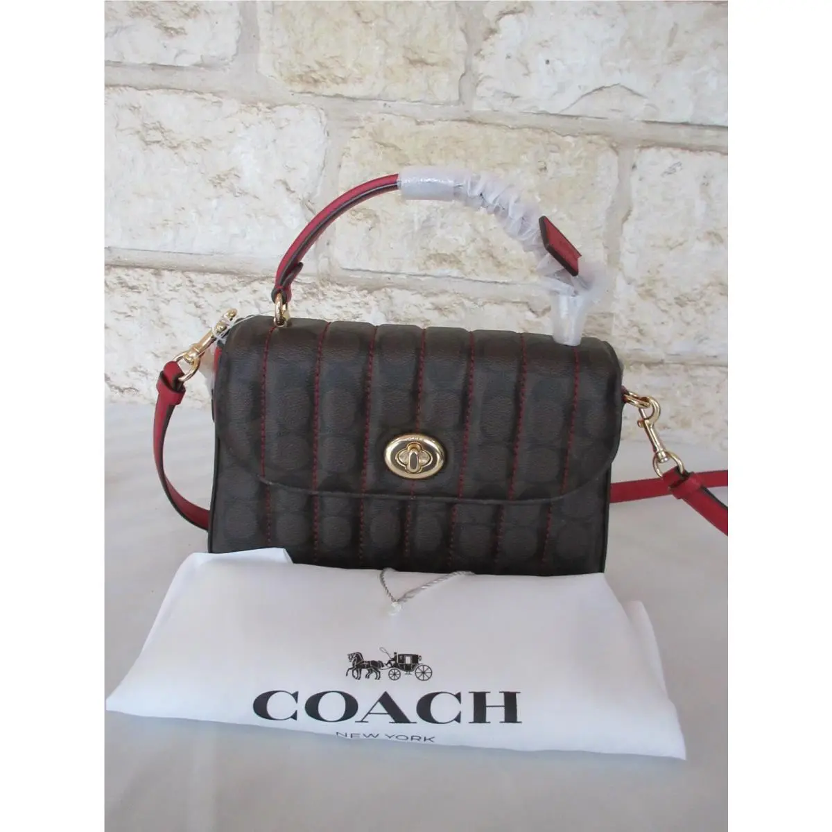 Marlie Top Handle Satchel Signature Quilted Leather Brown Red Pink Chalk Quilted  Signature Brown/RED 1941 Satchel new by Coach