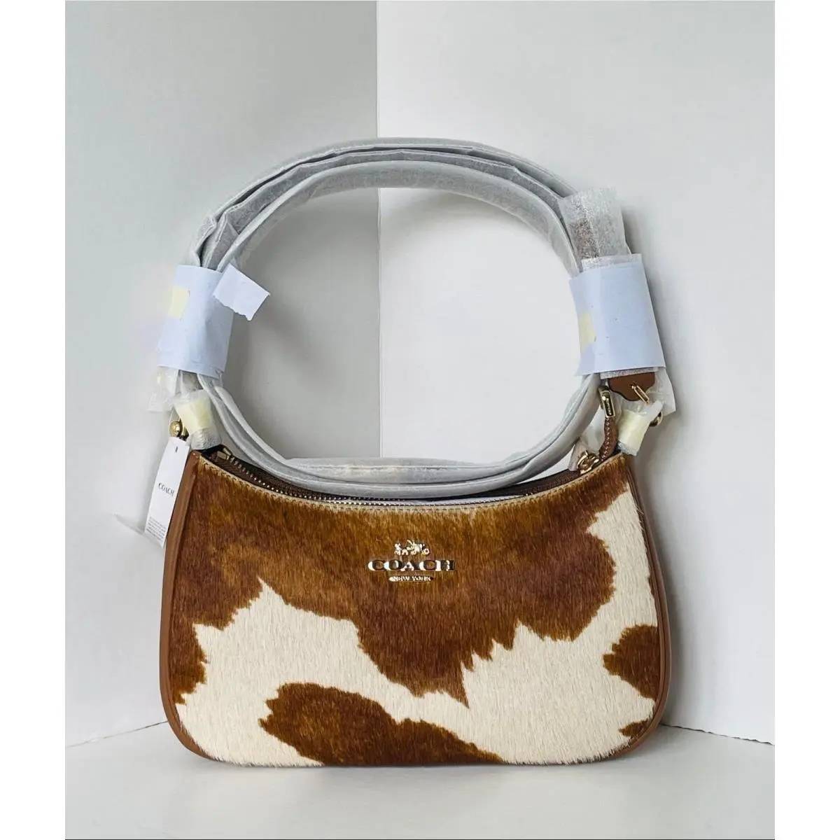 Teri Shoulder Bag CDW45 Cow Print Haircalf Brown Leather Crossbody Gold F by Coach